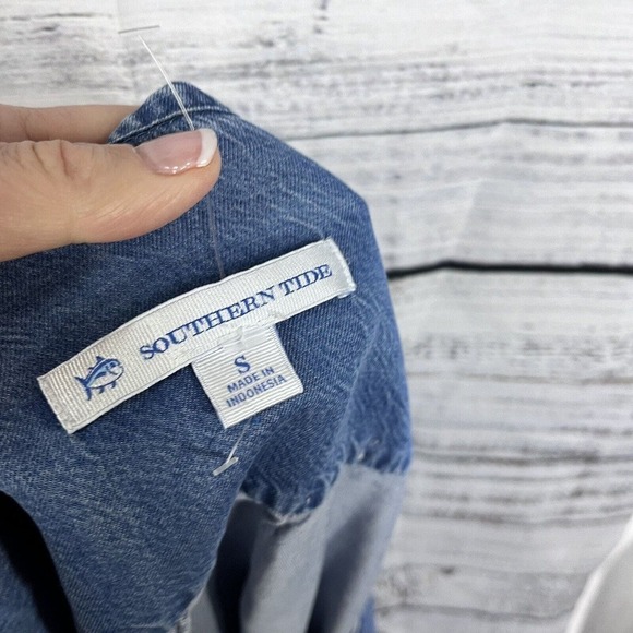 Southern Tide Blouse Tunic size Small Denim Jean Tencel Peasant Boho Tassels - Picture 16 of 16